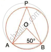The image displays a circle with center $O$, points $A$ and $B$ on the circumference connected by a chord, a point $P$ on the circumference, and an angle of $50^\circ$. It illustrates the central angle theorem and isosceles triangle properties within circle geometry.