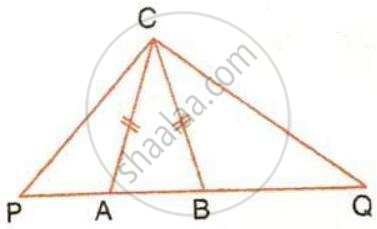 The image displays a triangle PCQ with internal line segments CA and CB extending from vertex C to the base PQ. It features double-tick marks on segments CA and CB to indicate equal lengths.