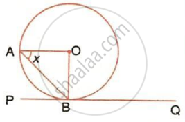 The image displays a circle with center O, a horizontal tangent line PQ touching the circle at point B, radius segments OA and OB, chord AB, and an angle variable x marking the angle at vertex A.