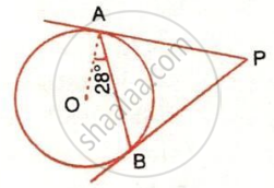 The image displays a circle with center $O$, points of tangency $A$ and $B$, an external point $P$ with tangent lines meeting at $A$ and $B$, a chord connecting points $A$ and $B$, a dashed radius line segment from center $O$ to point $A$, and an angle measuring $28^\circ$ between the radius and the chord at point $A$.
