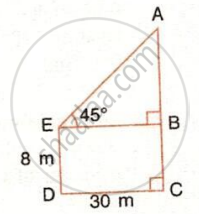The image displays a geometric problem setup featuring a rectangular base section $BCDE$ with a height of $8\text{ m}$ and a width of $30\text{ m}$, right angles at vertices $B$ and $C$, a horizontal line $EB$, and a right-angled triangle $ABE$ with an angle of elevation of $45^{\circ}$ at vertex $E$.