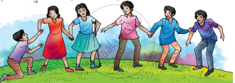चित्र में बच्चे हाथ पकड़कर मिल-जुलकर खेलते और आनंद मनाते हुए दिखाई दे रही हैं।