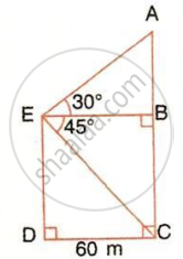 The image displays a geometric problem setup featuring a horizontal base segment $DC$ of length $60\text{ m}$, right angles at vertices $B, C,$ and $D$, a horizontal line segment $EB$, an angle of elevation of $30^{\circ}$ and an angle of depression of $45^{\circ}$ from vertex $E$.