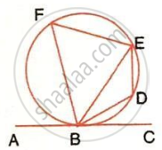 The image displays a circle with a horizontal tangent line ABC touching the circle at point B, multiple inscribed chords connecting points on the circle to the point of contact B and forming an inscribed polygon with vertices F, E, D, B.