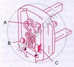The figure shows the internal structure of a three-pin electrical plug, including the fuse, wire terminals, and cable grip. The fuse protects the appliance from excessive current, while the earth pin provides safety against electric shocks.