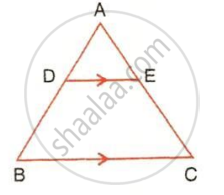 The image displays a triangle ABC with an internal segment DE parallel to the base BC, indicated by matching directional arrows. It illustrates the Basic Proportionality Theorem for analyzing segment ratios and triangle similarity.