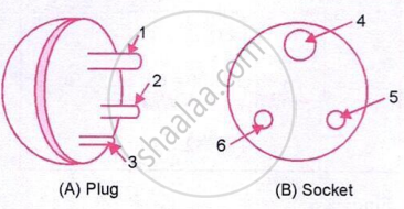 The figure shows a three-pin electrical plug and socket with connections for live, neutral, and earth wires. The earth pin provides protection against electric shocks.