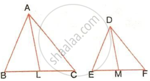 The image displays two triangles, ABC and DEF, positioned side-by-side, each featuring an interior line segment from the top vertex to the base. It illustrates geometric configurations for analyzing triangle properties, similarity, or proportional relationships involving internal divisions.