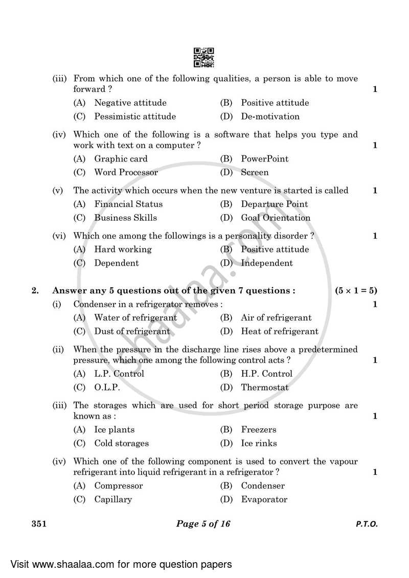 Air Conditioning and Refrigeration 3 2022-2023 Class 12 - CBSE (Central Board of Secondary Education) question paper with PDF download