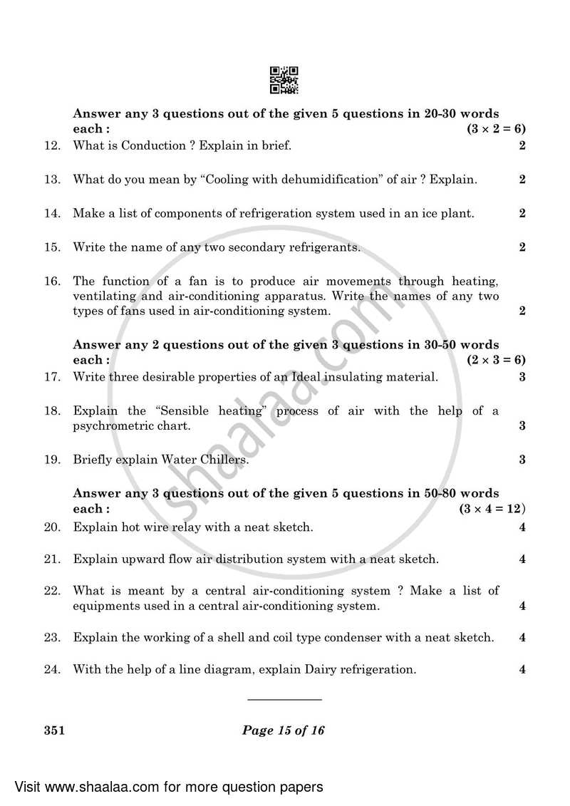 Air Conditioning and Refrigeration 3 2022-2023 Class 12 - CBSE (Central Board of Secondary Education) question paper with PDF download