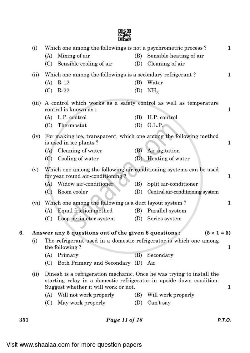 Air Conditioning and Refrigeration 3 2022-2023 Class 12 - CBSE (Central Board of Secondary Education) question paper with PDF download