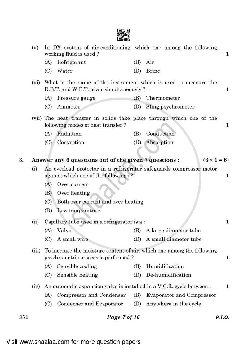 Air Conditioning and Refrigeration 3 2022-2023 Class 12 - CBSE (Central Board of Secondary Education) question paper with PDF download