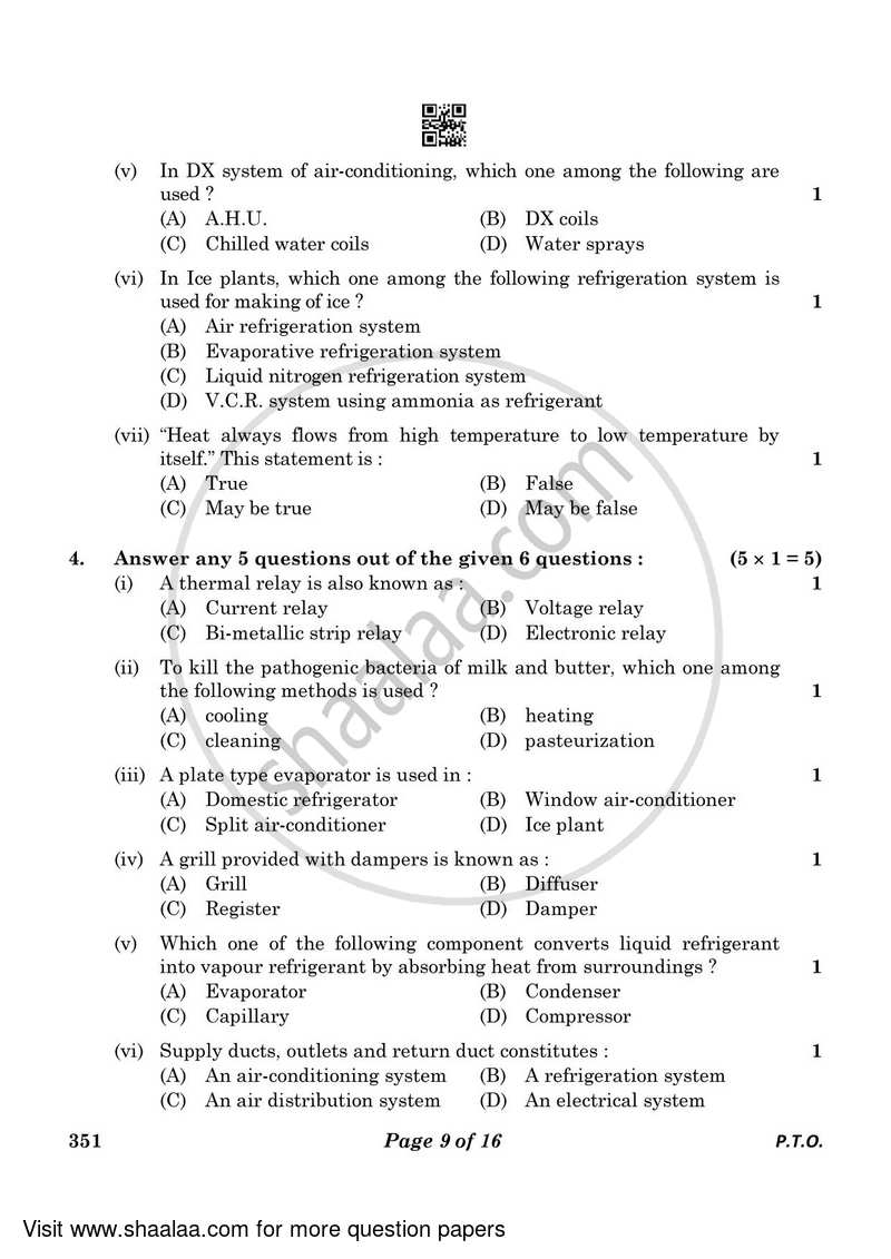 Air Conditioning and Refrigeration 3 2022-2023 Class 12 - CBSE (Central Board of Secondary Education) question paper with PDF download