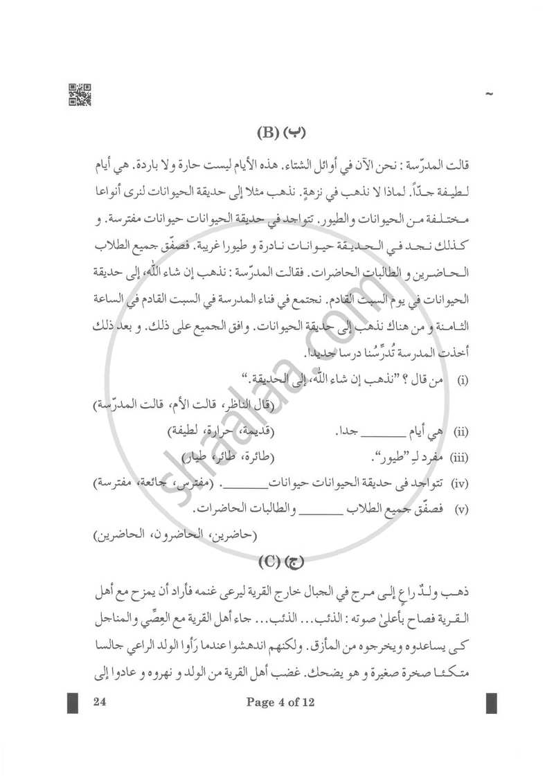 Arabic 2024-2025 Class 10 - CBSE (Central Board of Secondary Education) question paper with PDF download