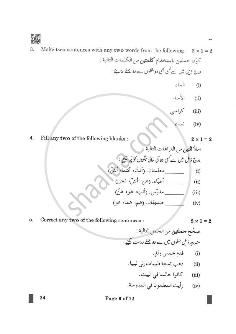 Arabic 2024-2025 Class 10 - CBSE (Central Board of Secondary Education) question paper with PDF download