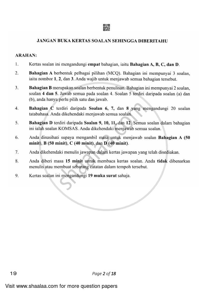 Bahasa Melayu 2022-2023 Class 10 - CBSE (Central Board of Secondary Education) question paper with PDF download