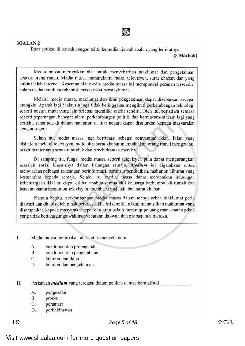 Bahasa Melayu 2022-2023 Class 10 - CBSE (Central Board of Secondary Education) question paper with PDF download