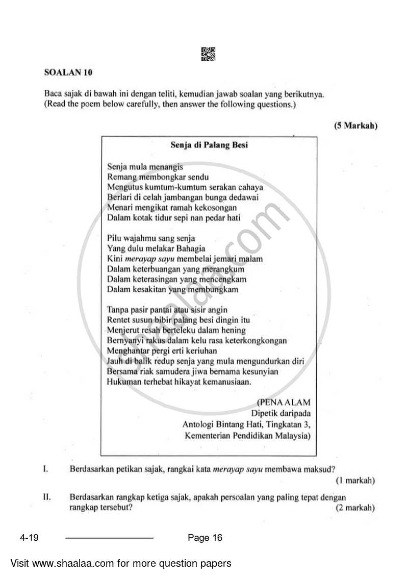 Bahasa Melayu 2023-2024 Class 10 - CBSE (Central Board of Secondary Education) question paper with PDF download