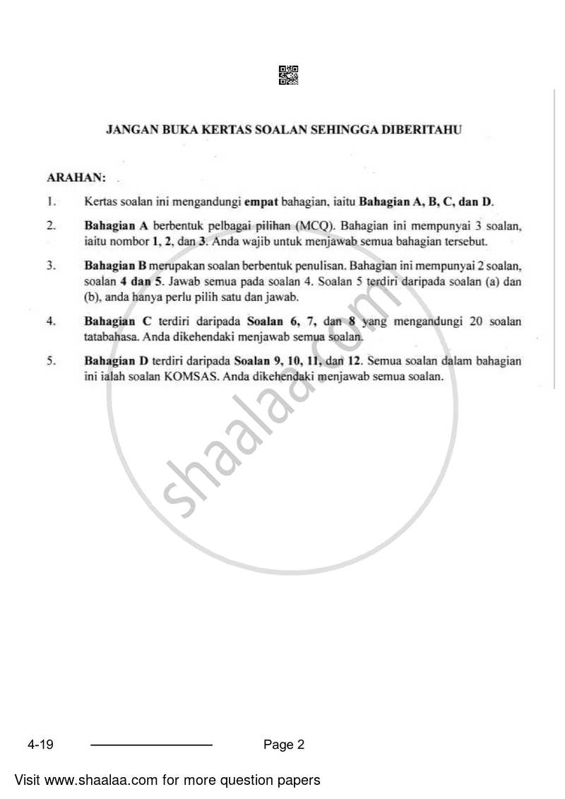 Bahasa Melayu 2023-2024 Class 10 - CBSE (Central Board of Secondary Education) question paper with PDF download