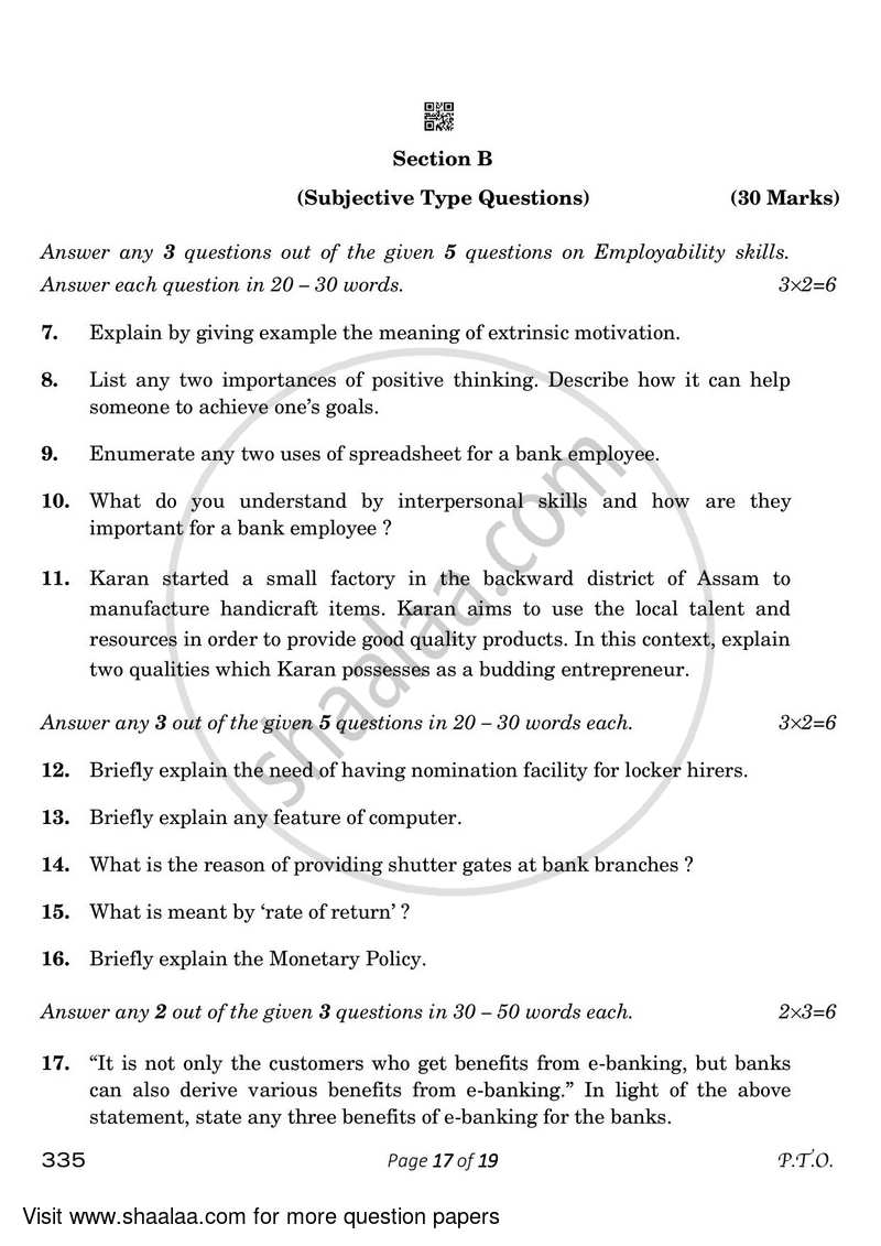 Banking 2022-2023 Class 12 - CBSE (Central Board of Secondary Education) question paper with PDF download