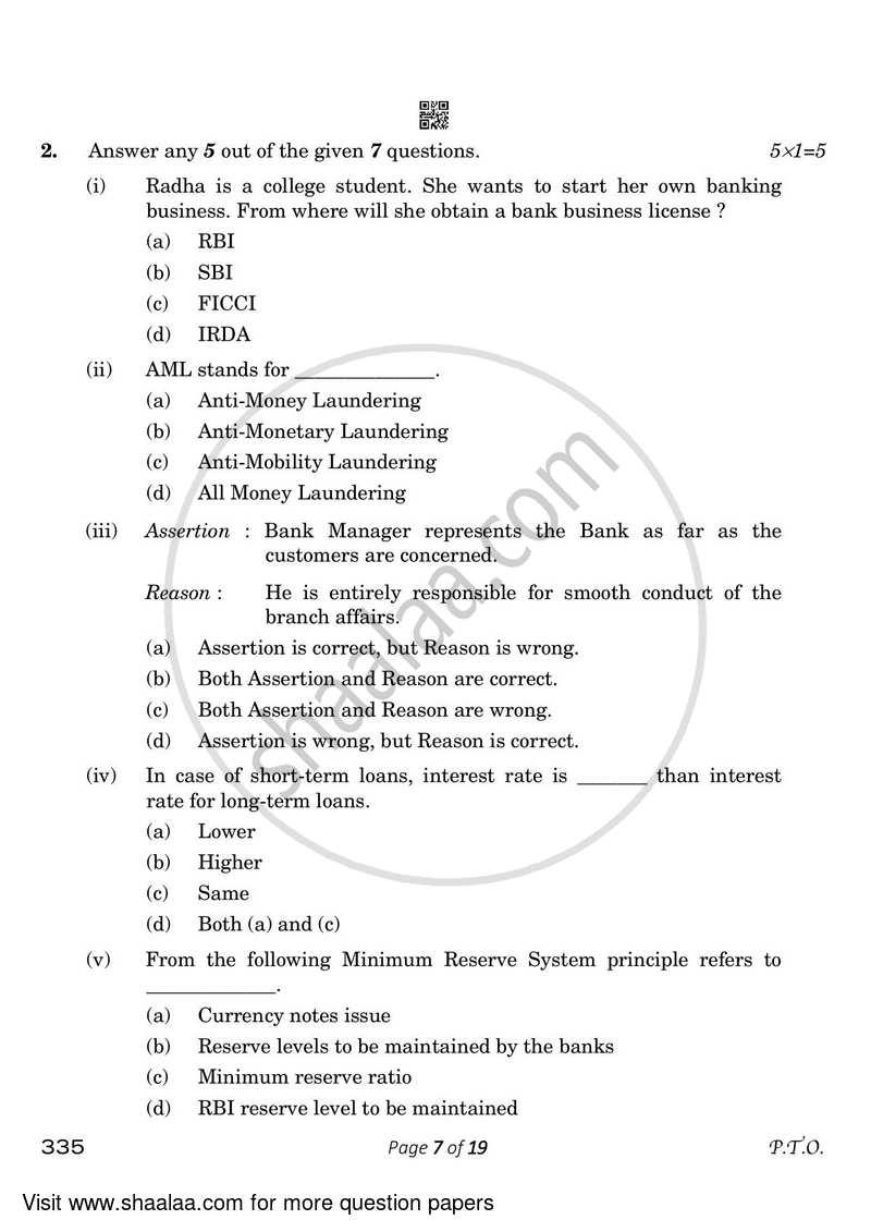 Banking 2022-2023 Class 12 - CBSE (Central Board of Secondary Education) question paper with PDF download