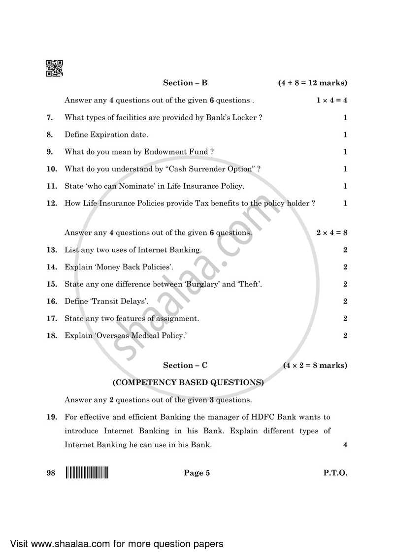 Banking and Insurance 2021-2022 Class 10 - CBSE (Central Board of Secondary Education) question paper with PDF download