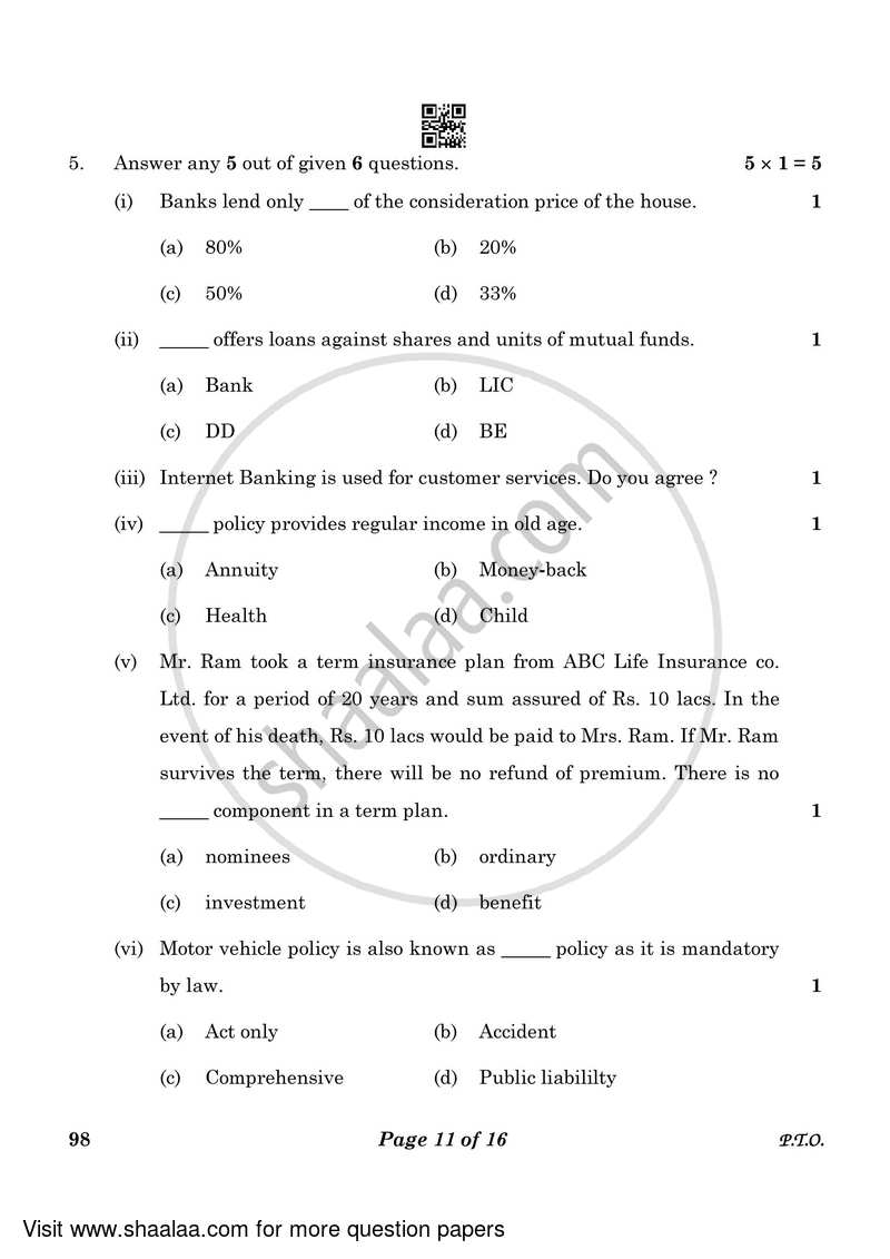 Banking and Insurance 2022-2023 Class 10 - CBSE (Central Board of Secondary Education) question paper with PDF download