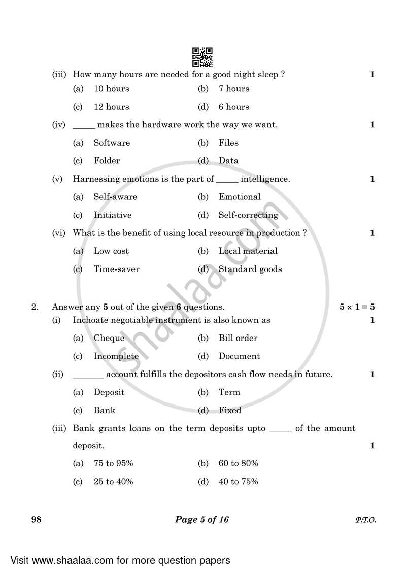 Banking and Insurance 2022-2023 Class 10 - CBSE (Central Board of Secondary Education) question paper with PDF download