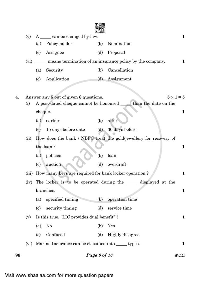 Banking and Insurance 2022-2023 Class 10 - CBSE (Central Board of Secondary Education) question paper with PDF download