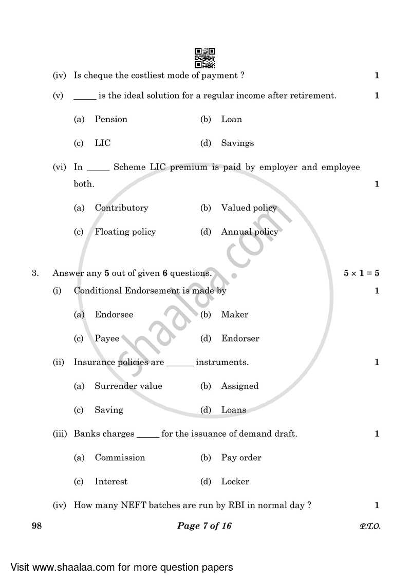 Banking and Insurance 2022-2023 Class 10 - CBSE (Central Board of Secondary Education) question paper with PDF download