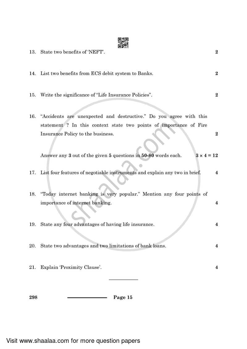 Banking and Insurance 2023-2024 Class 10 - CBSE (Central Board of Secondary Education) question paper with PDF download