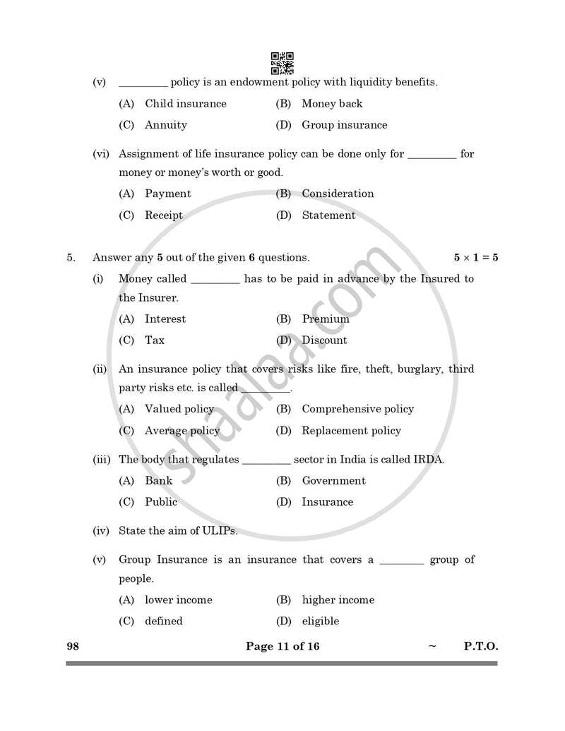 Banking and Insurance 2024-2025 Class 10 - CBSE (Central Board of Secondary Education) question paper with PDF download