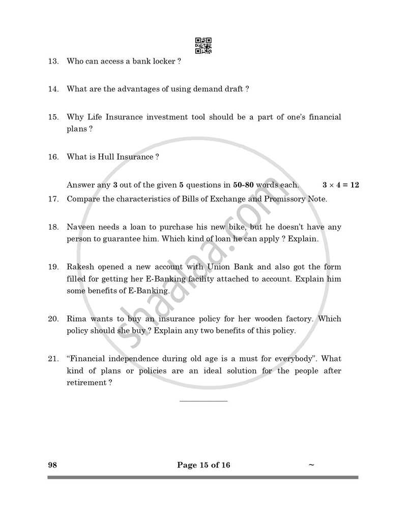 Banking and Insurance 2024-2025 Class 10 - CBSE (Central Board of Secondary Education) question paper with PDF download