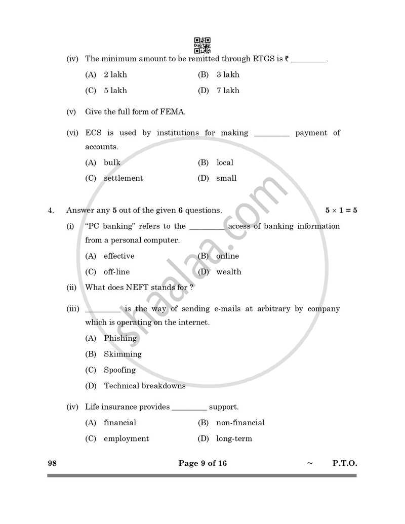 Banking and Insurance 2024-2025 Class 10 - CBSE (Central Board of Secondary Education) question paper with PDF download
