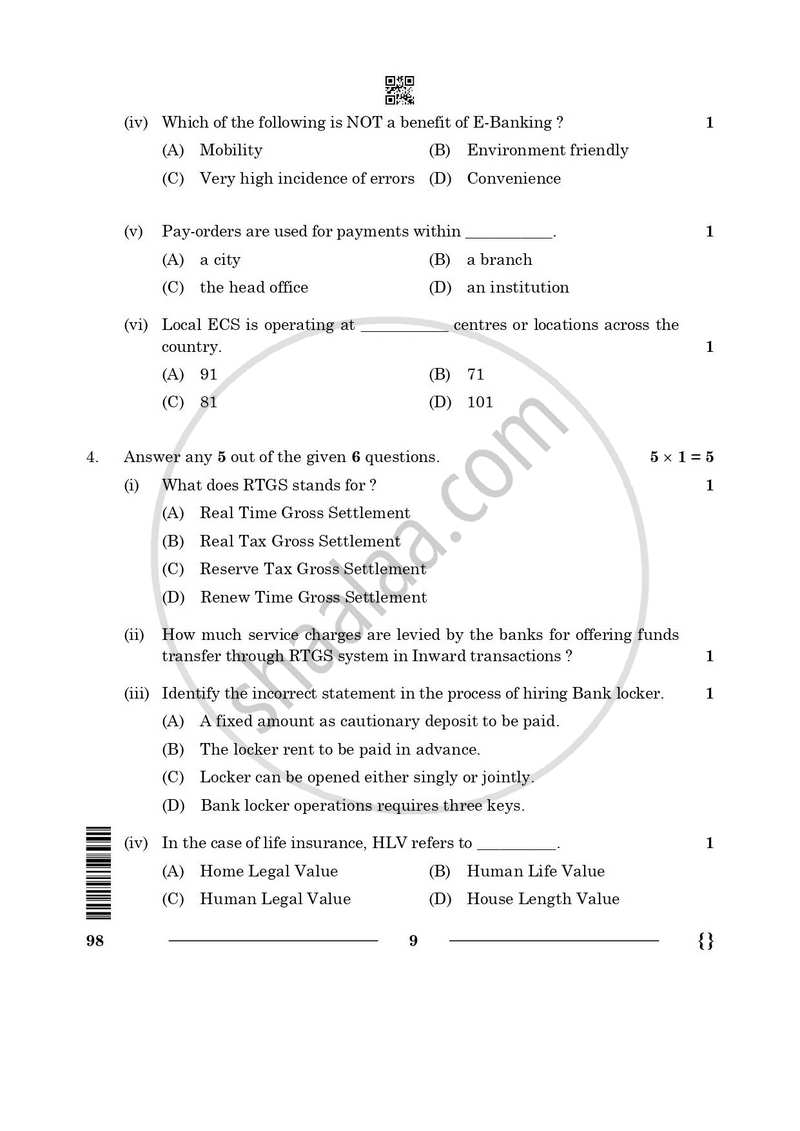 Banking and Insurance 2025-2026 Class 10 - CBSE (Central Board of Secondary Education) question paper with PDF download