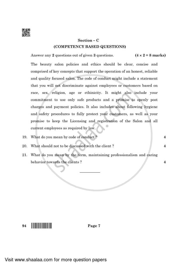 Beauty and Wellness 2021-2022 Class 10 - CBSE (Central Board of Secondary Education) question paper with PDF download