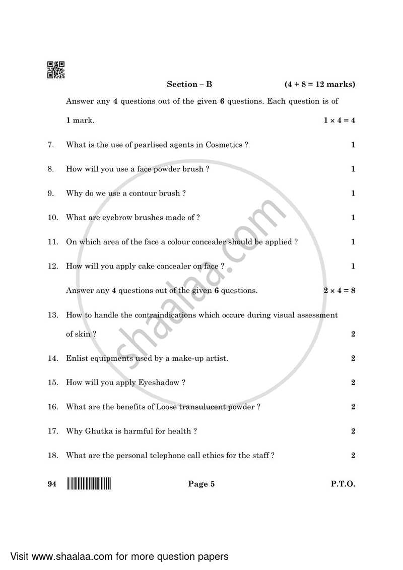 Beauty and Wellness 2021-2022 Class 10 - CBSE (Central Board of Secondary Education) question paper with PDF download