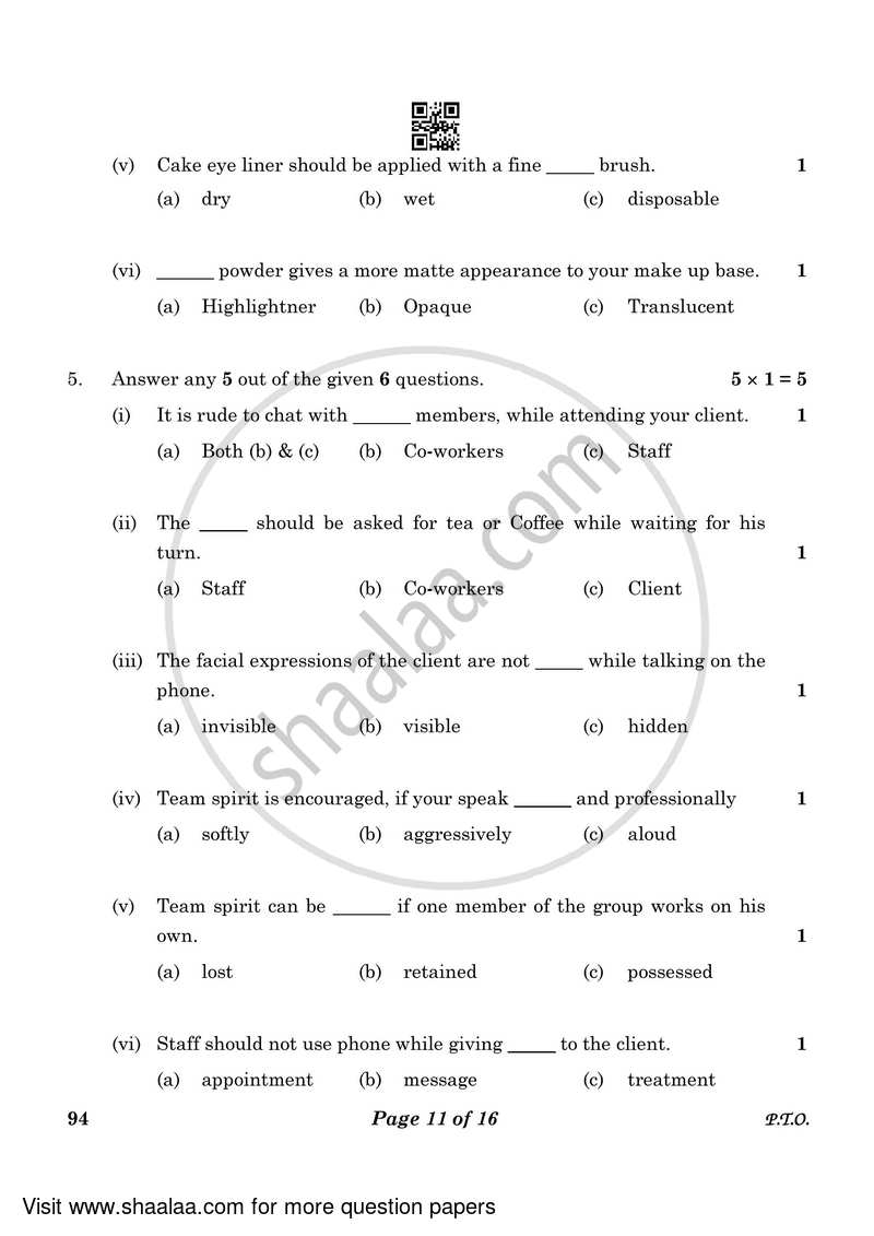 Beauty and Wellness 2022-2023 Class 10 - CBSE (Central Board of Secondary Education) question paper with PDF download