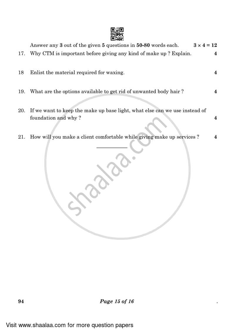 Beauty and Wellness 2022-2023 Class 10 - CBSE (Central Board of Secondary Education) question paper with PDF download