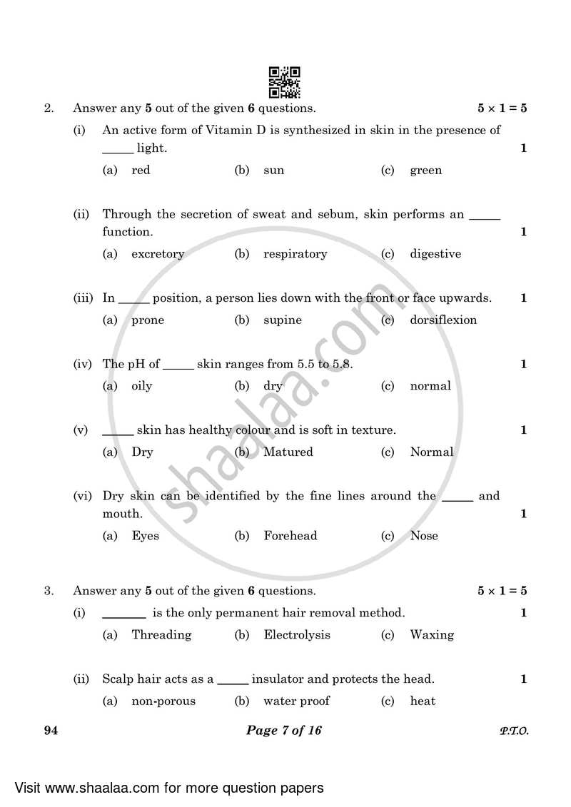Beauty and Wellness 2022-2023 Class 10 - CBSE (Central Board of Secondary Education) question paper with PDF download