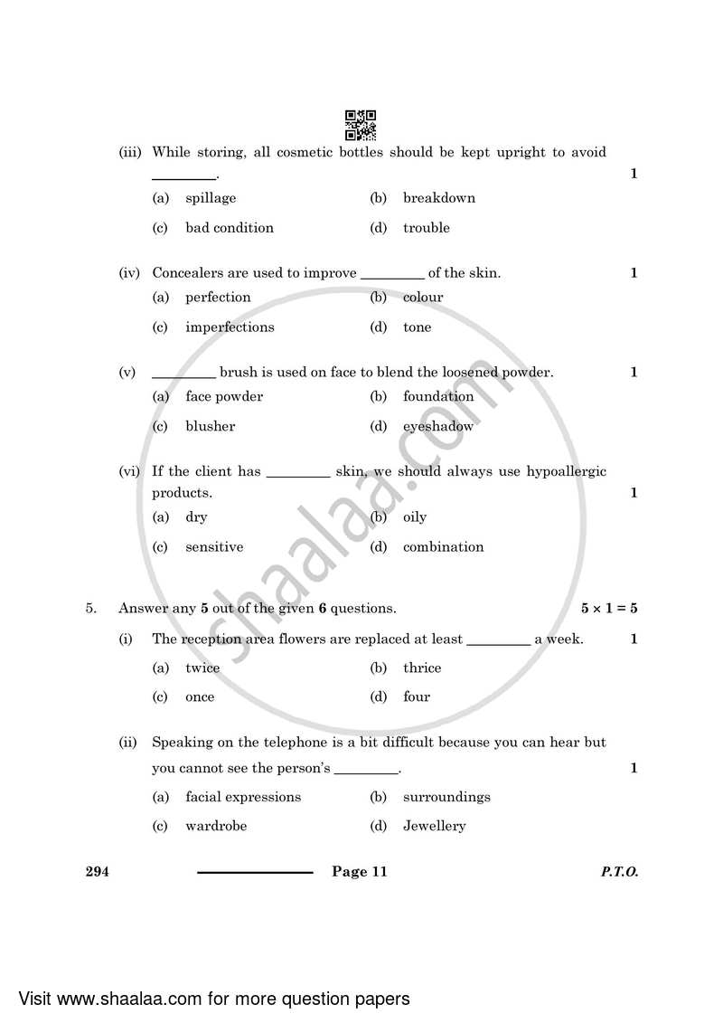 Beauty and Wellness 2023-2024 Class 10 - CBSE (Central Board of Secondary Education) question paper with PDF download