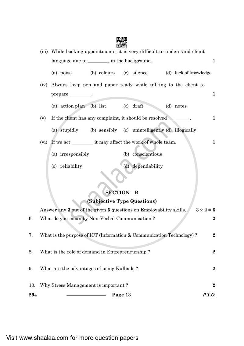 Beauty and Wellness 2023-2024 Class 10 - CBSE (Central Board of Secondary Education) question paper with PDF download