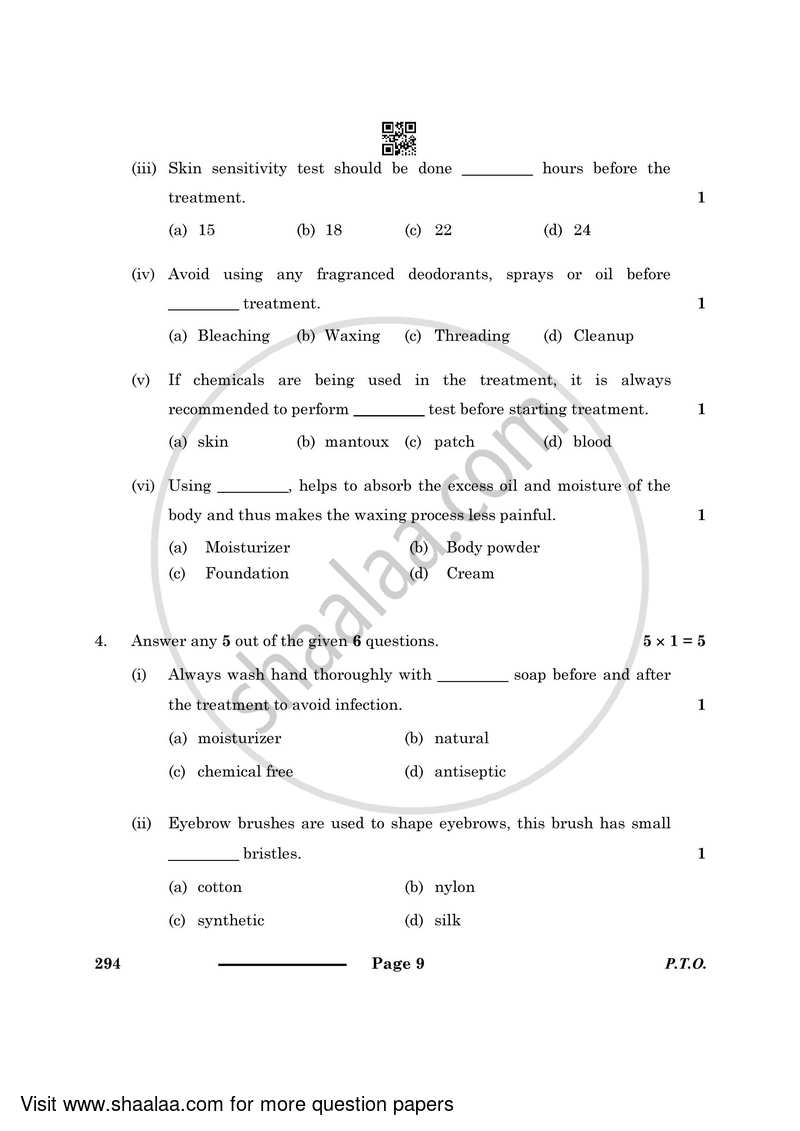 Beauty and Wellness 2023-2024 Class 10 - CBSE (Central Board of Secondary Education) question paper with PDF download