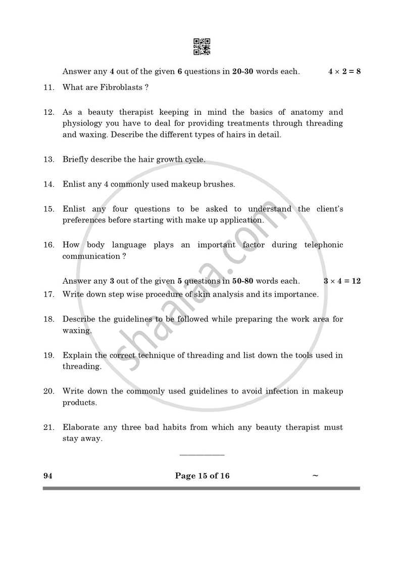 Beauty and Wellness 2024-2025 Class 10 - CBSE (Central Board of Secondary Education) question paper with PDF download