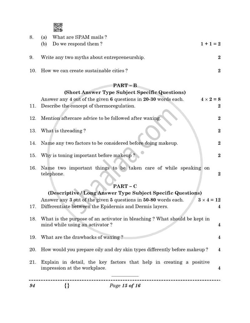 Beauty and Wellness 2025-2026 Class 10 - CBSE (Central Board of Secondary Education) question paper with PDF download