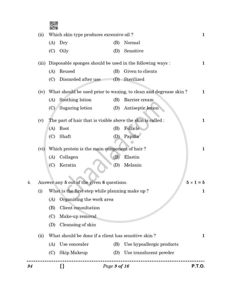 Beauty and Wellness 2025-2026 Class 10 - CBSE (Central Board of Secondary Education) question paper with PDF download