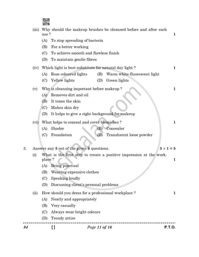 Beauty and Wellness 2025-2026 Class 10 - CBSE (Central Board of Secondary Education) question paper with PDF download