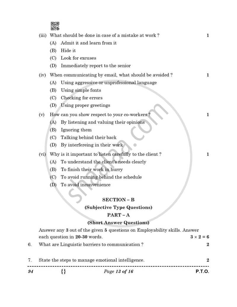 Beauty and Wellness 2025-2026 Class 10 - CBSE (Central Board of Secondary Education) question paper with PDF download