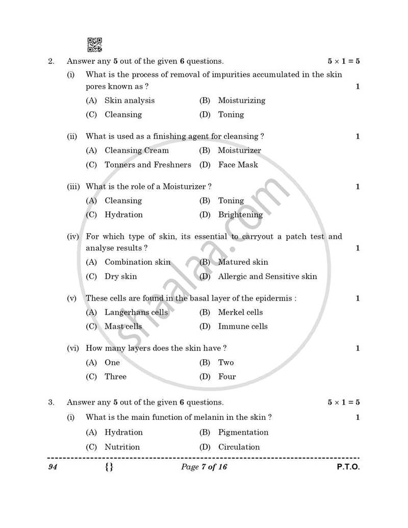 Beauty and Wellness 2025-2026 Class 10 - CBSE (Central Board of Secondary Education) question paper with PDF download