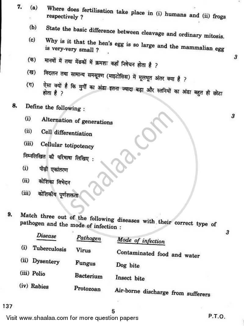 Biology Opthalmic 2010-2011 Class 12 - CBSE (Central Board of Secondary Education) question paper with PDF download